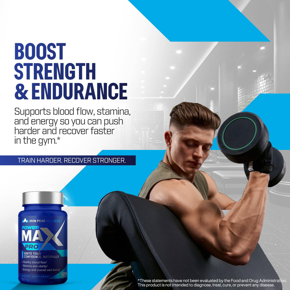 IronPeak Wellness Testosterone Booster capsules closeup suggests easy daily use for energy.