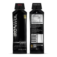 IRONWRX cherry energy gel open sachet for quick fueling mid-ride.