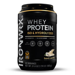 IRONWRX hydrolyzed whey canister front view, premium protein for athletes