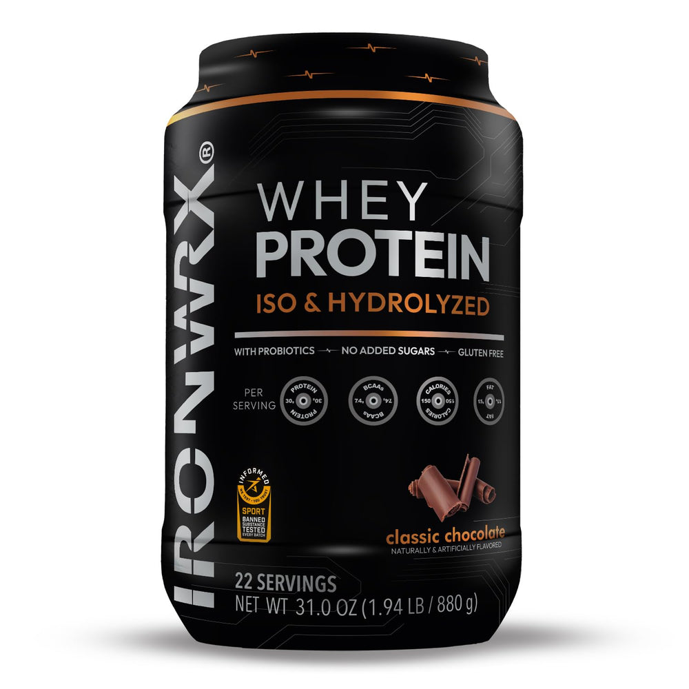 IRONWRX hydrolyzed whey protein bottle with high-purity powder for lean muscle support