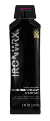 IRONWRX isotonic energy gel raspberry package showing compact design for fueling