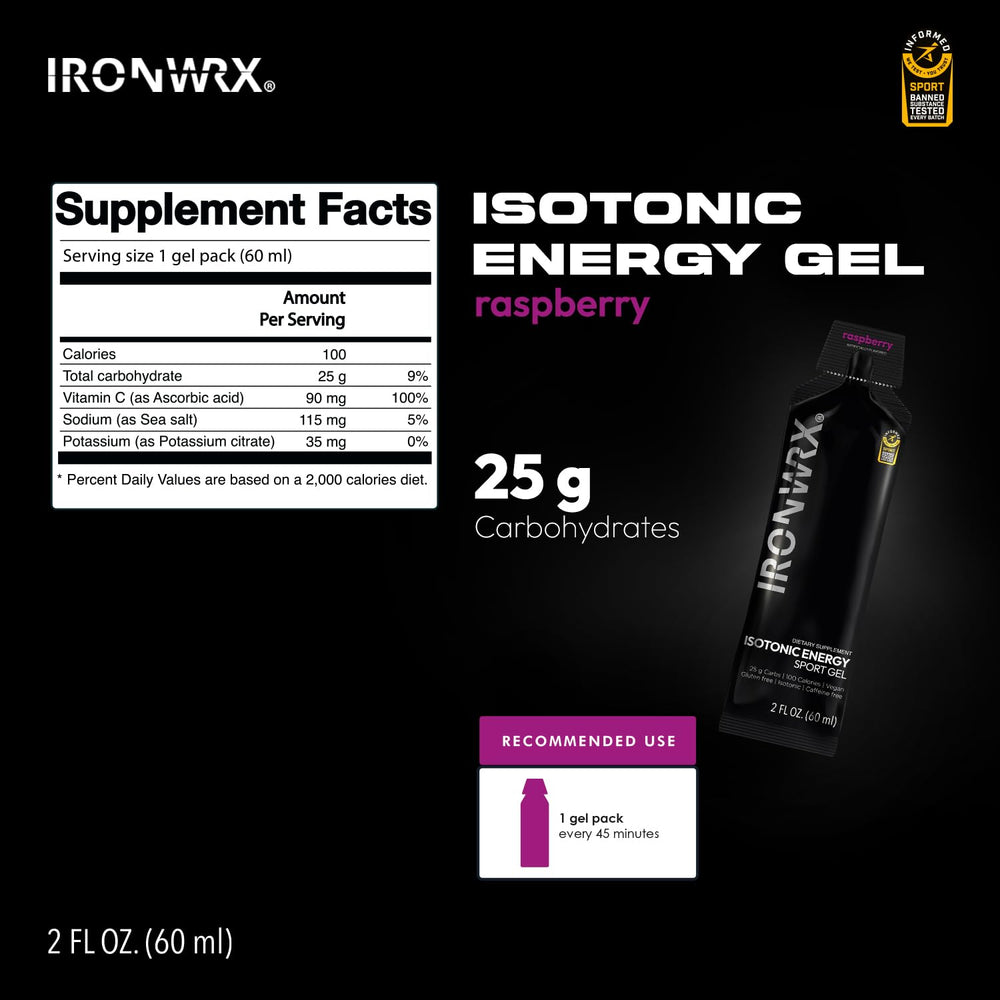 IRONWRX isotonic energy gel raspberry sachet open ready to swallow during ride