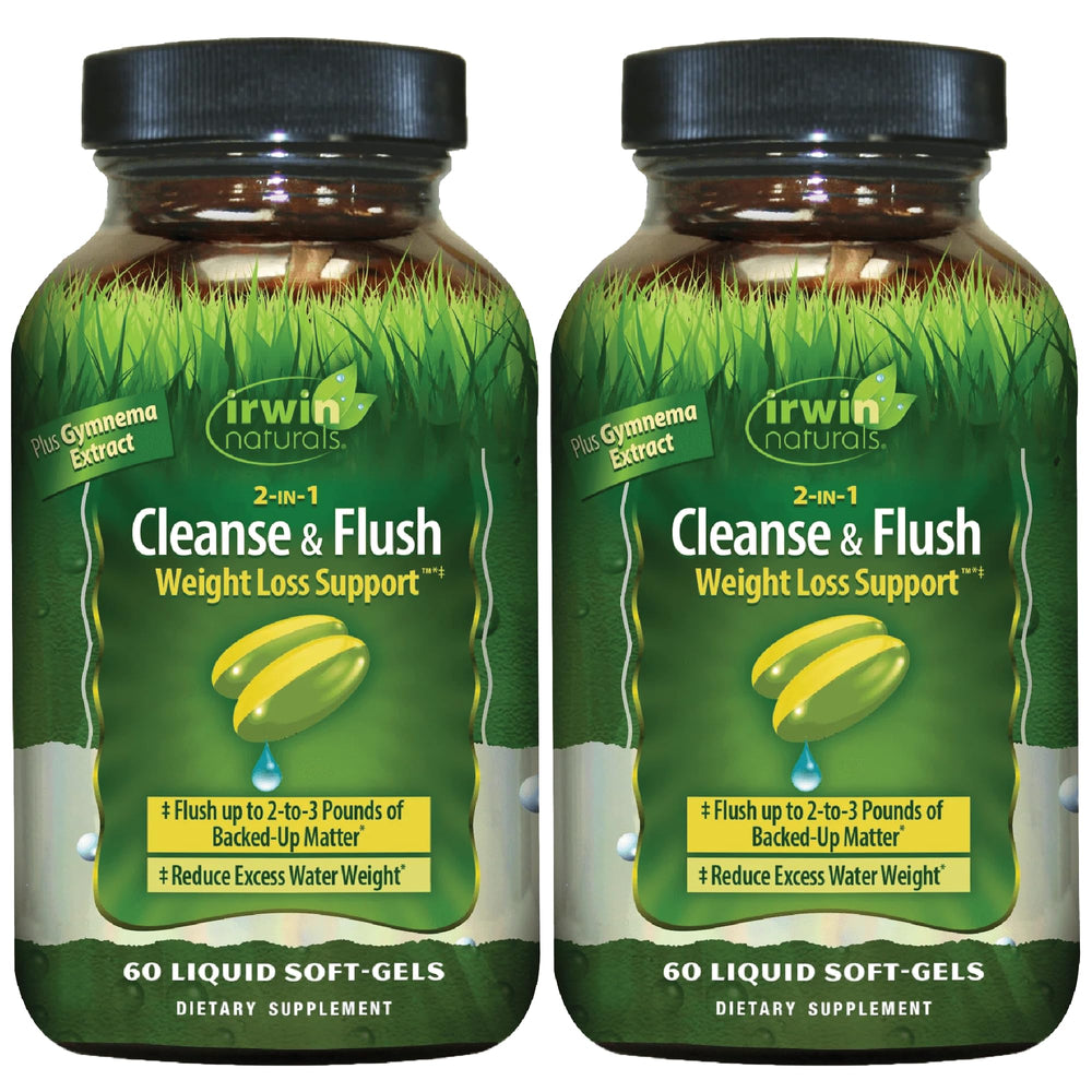 Irwin Naturals 2-in-1 Cleanse & Flush bottle with soft-gels for regularity