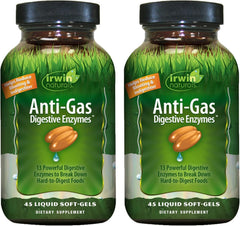 Irwin Naturals Anti-Gas Digestive Enzymes bottle pour showing easy meal-time support