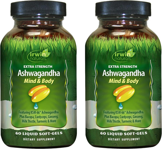 Irwin Naturals Ashwagandha Mind & Body bottle front for daily focus and energy.