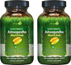 Irwin Naturals Ashwagandha Mind & Body bottle front for daily focus and energy.