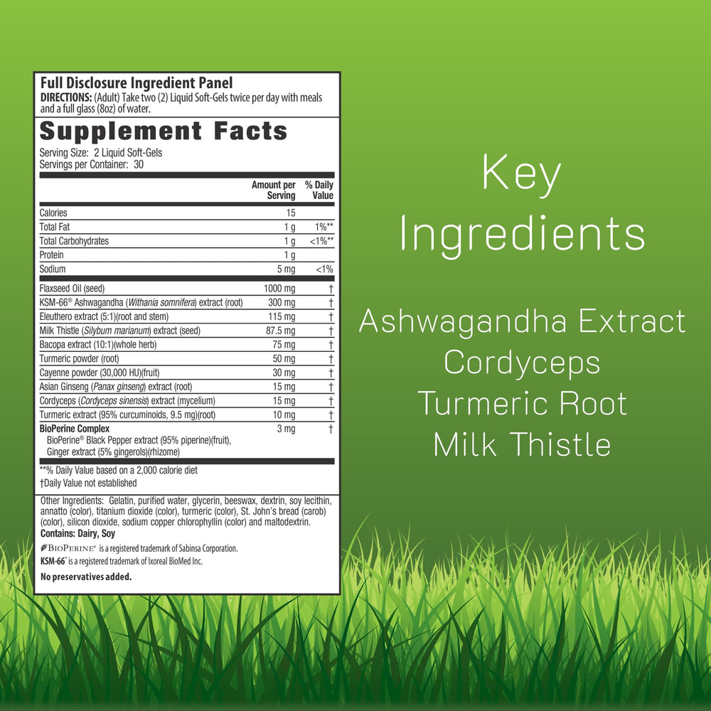 Irwin Naturals Ashwagandha Mind & Body bottle side label highlights antioxidant ingredients for overall health.