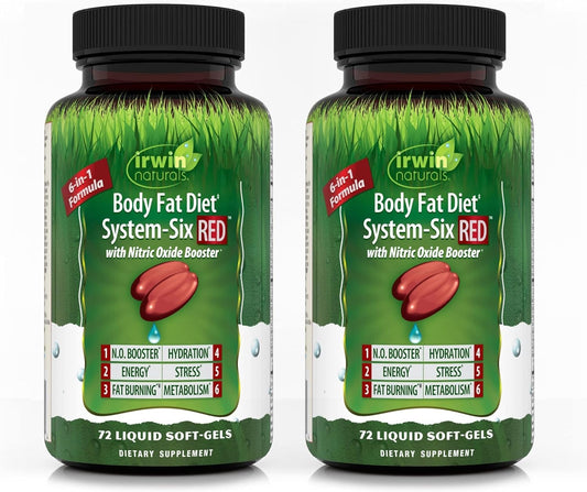 Irwin Naturals Body Fat Diet System Six Red bottle front shows 6-in-1 support for weight management