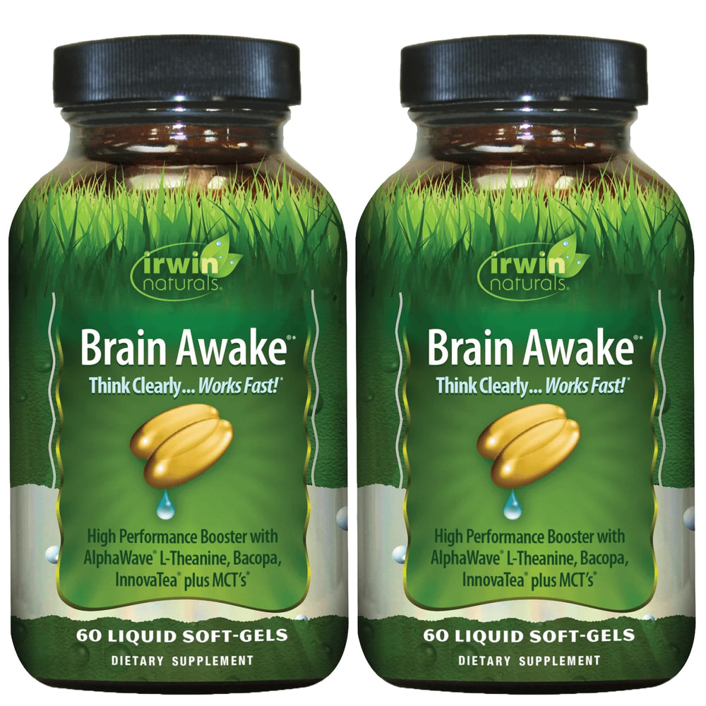 Irwin Naturals Brain Awake bottle front view for sharper focus