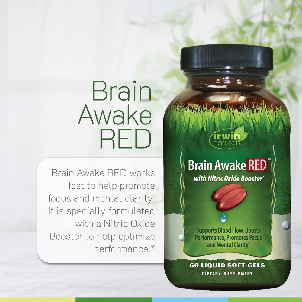 Irwin Naturals Brain Awake RED label detail emphasizes nitric oxide and ginkgo.