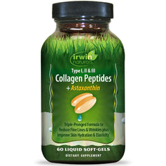 Irwin Naturals Collagen Peptides + Astaxanthin bottle front supports skin and joint wellness.