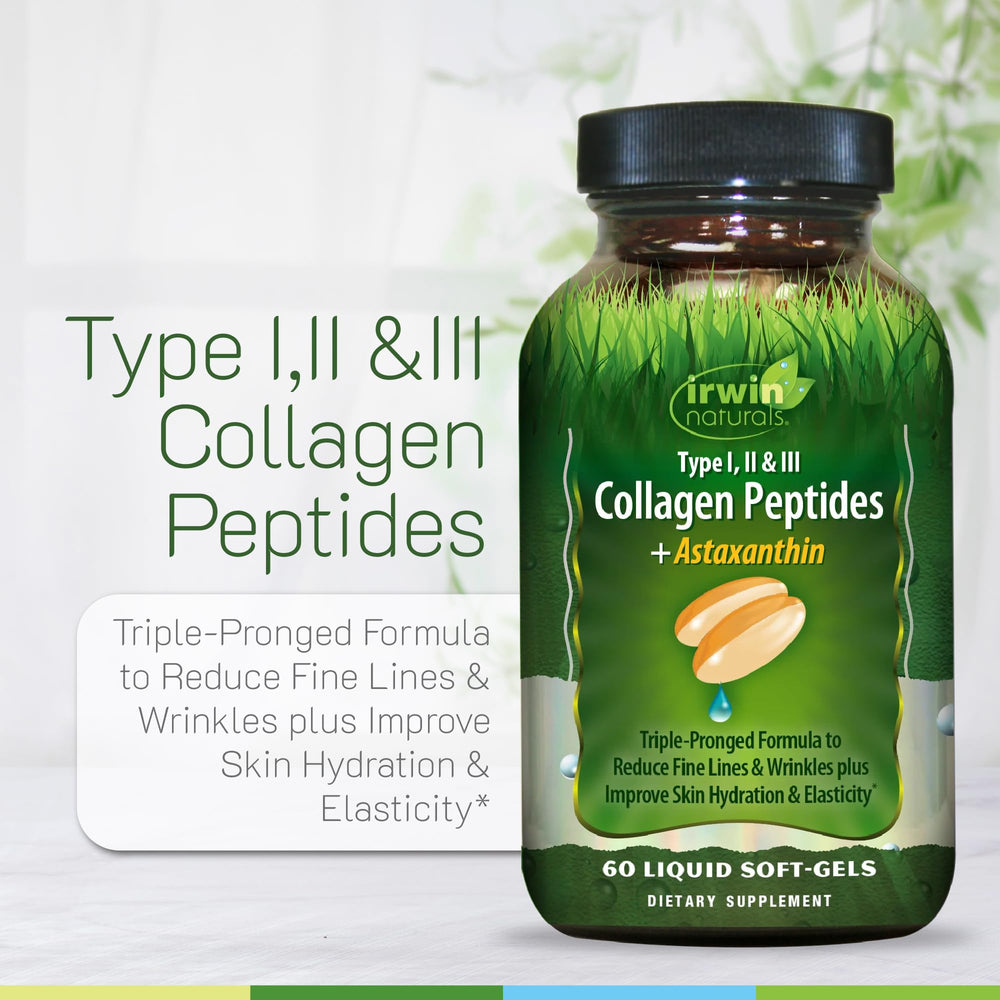 Irwin Naturals Collagen Peptides + Astaxanthin bottle pour shows easy-use flow.