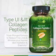 Irwin Naturals Collagen Peptides + Astaxanthin bottle pour shows easy-use flow.