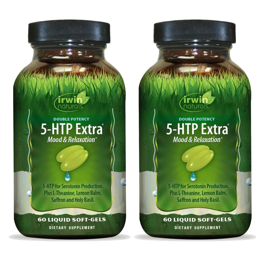 Irwin Naturals Double Potency 5-HTP Extra bottle front view for relaxed mood support