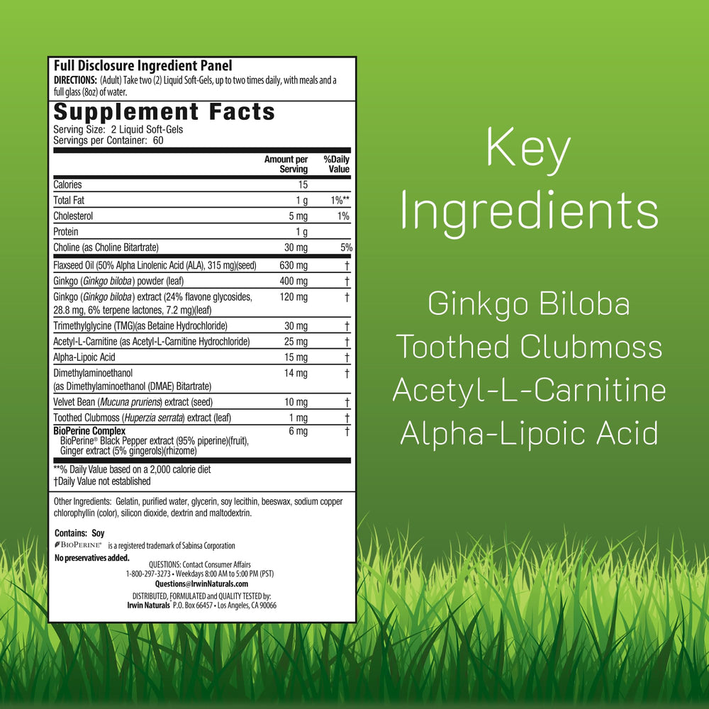 Irwin Naturals Ginkgo Smart back label detailing ingredients for cognitive support.