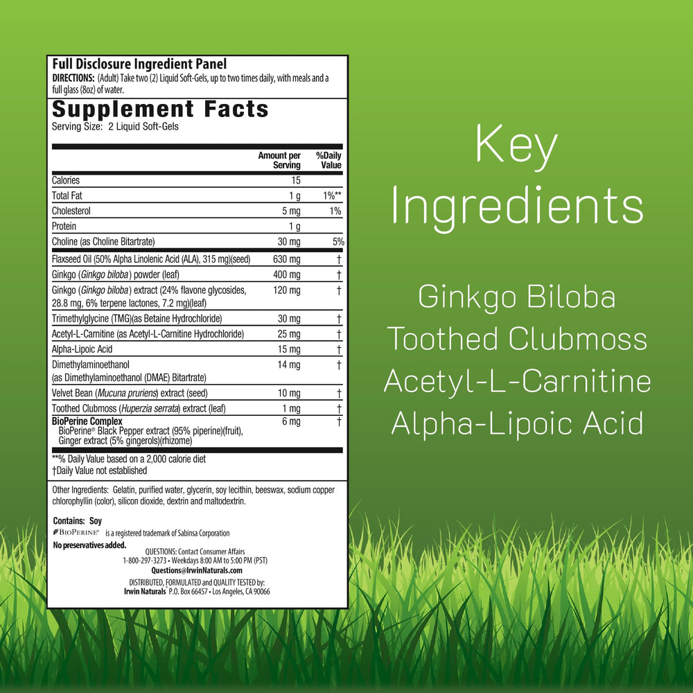 Irwin Naturals Ginkgo Smart soft-gels close-up highlights liquid formula for absorption