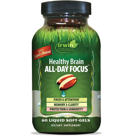 Irwin Naturals Healthy Brain All-Day Focus bottle for daily cognitive support.
