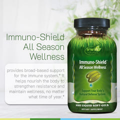 Irwin Naturals Immuno-Shield softgels with water for easy daily intake.
