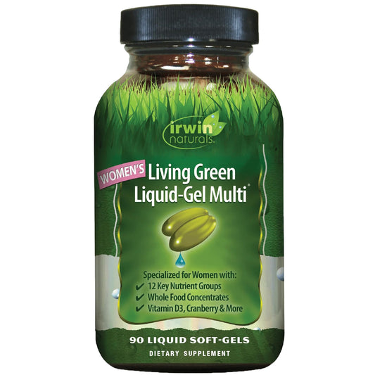 Irwin Naturals Living Green Liquid-Gel Multi for Women bottle shows convenient daily nutrition.