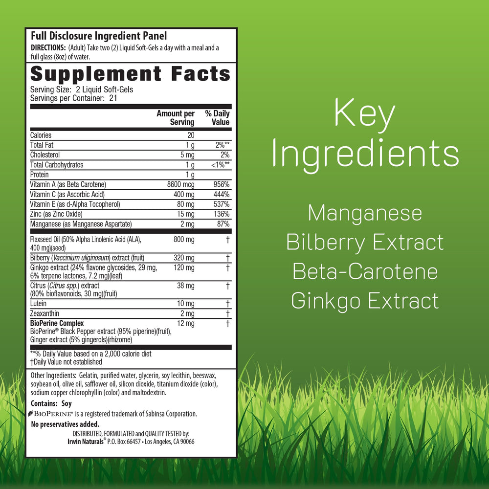 Irwin Naturals lutein softgels highlighting macular support benefits
