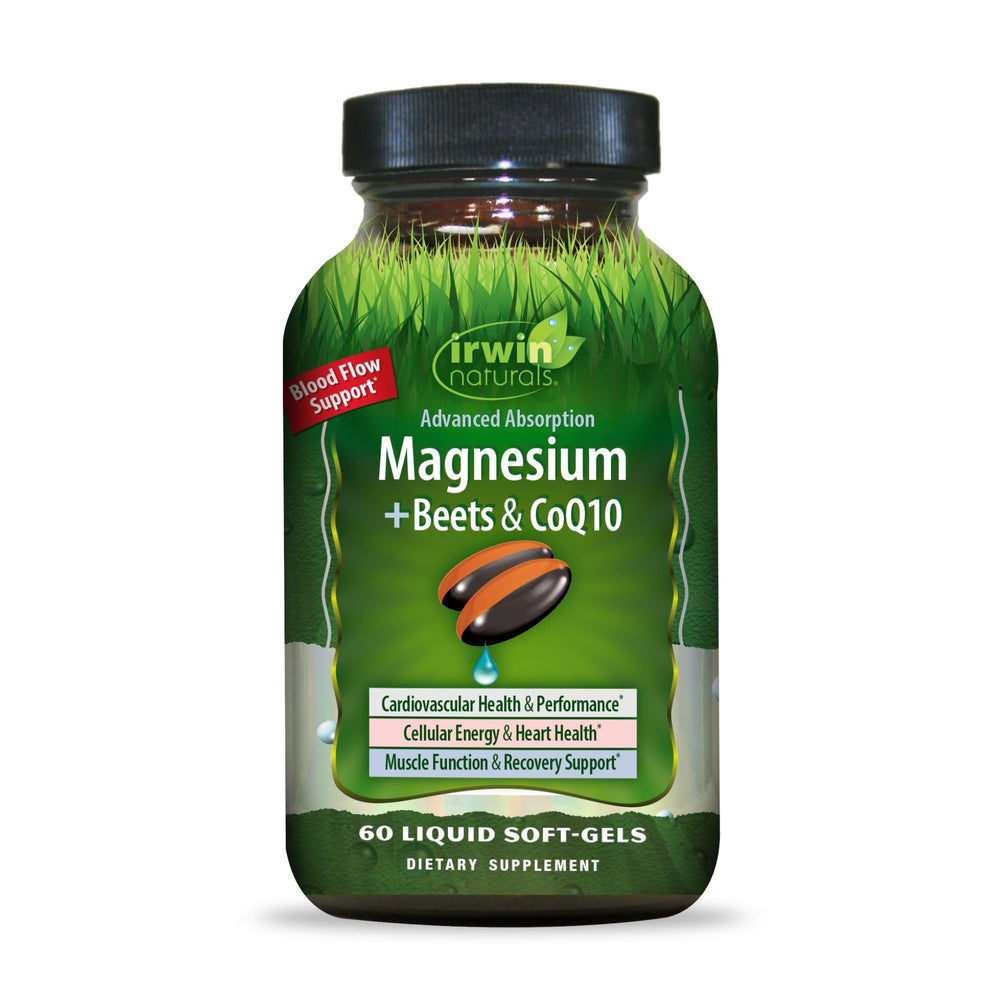 Irwin Naturals Magnesium + Beets & CoQ10 bottle, supports energy and heart wellness
