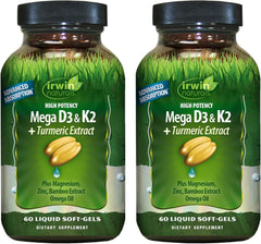 Irwin Naturals Mega D3-K2-Turmeric bottle-front showing bone health nutrients in daily wellness