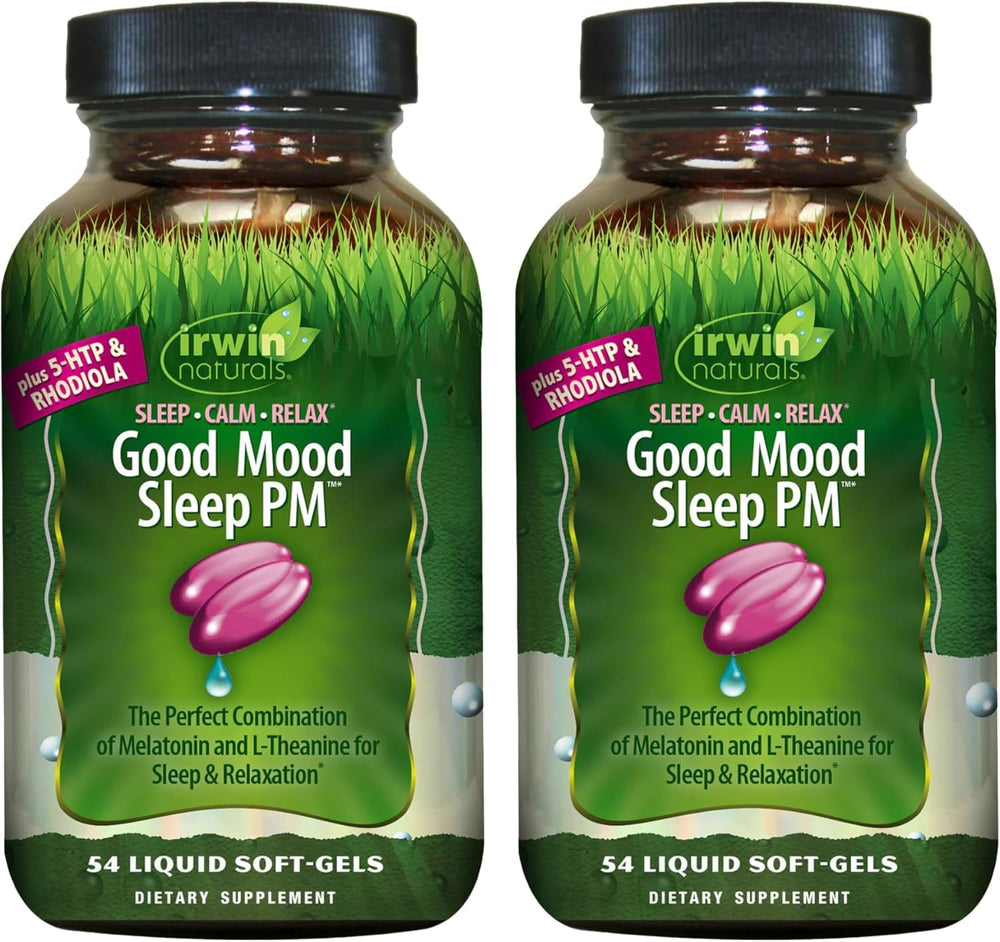 Irwin Naturals Melatonin Plus 5-HTP Rhodiola bottle front for restful nights.