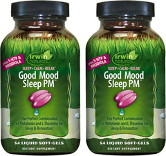 Irwin Naturals Melatonin Plus 5-HTP Rhodiola bottle front for restful nights.
