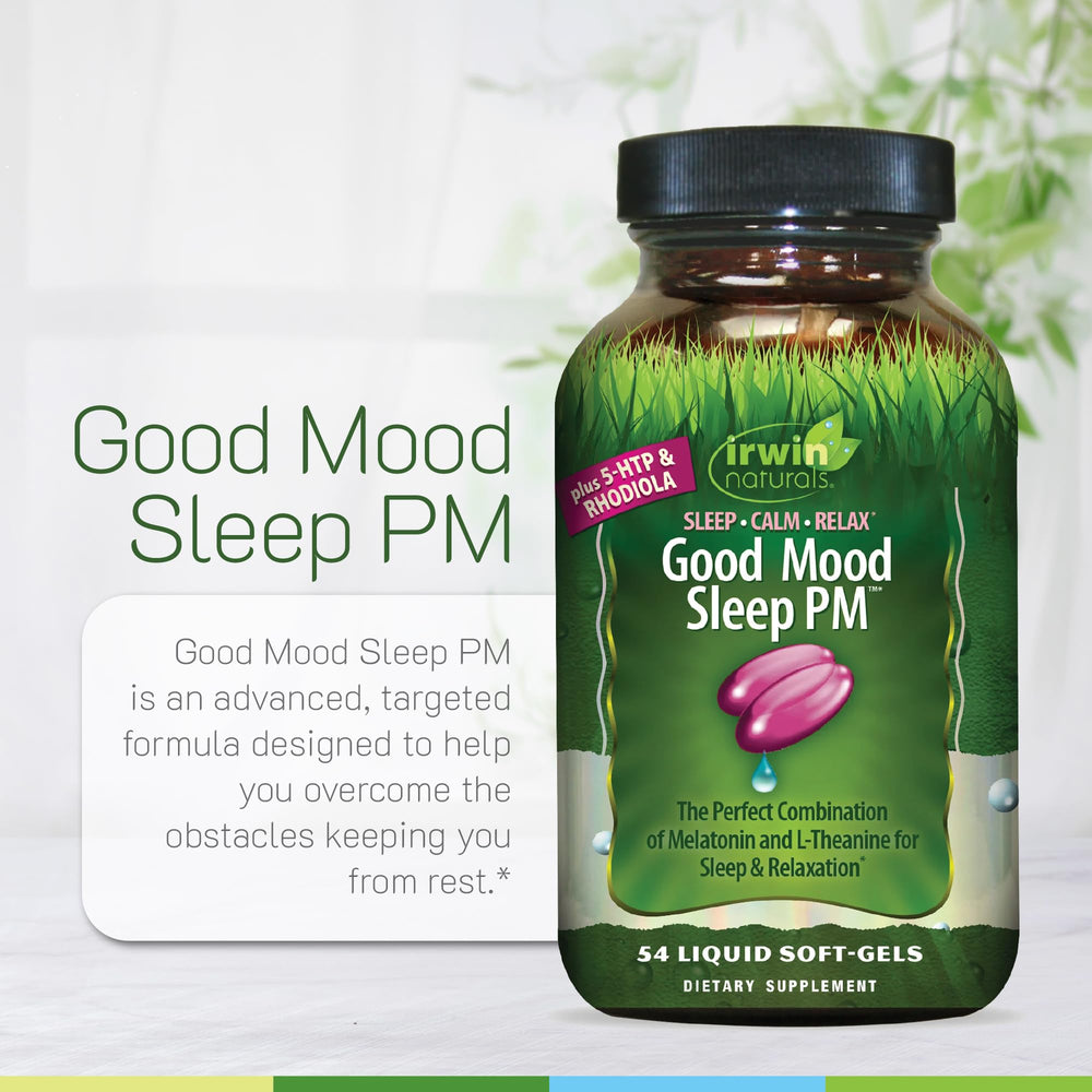 Irwin Naturals Melatonin Plus 5-HTP Rhodiola packaging box shows rest-support information.