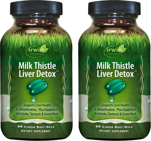 Irwin Naturals Milk Thistle Liver Detox bottle front with liver-supporting ingredients