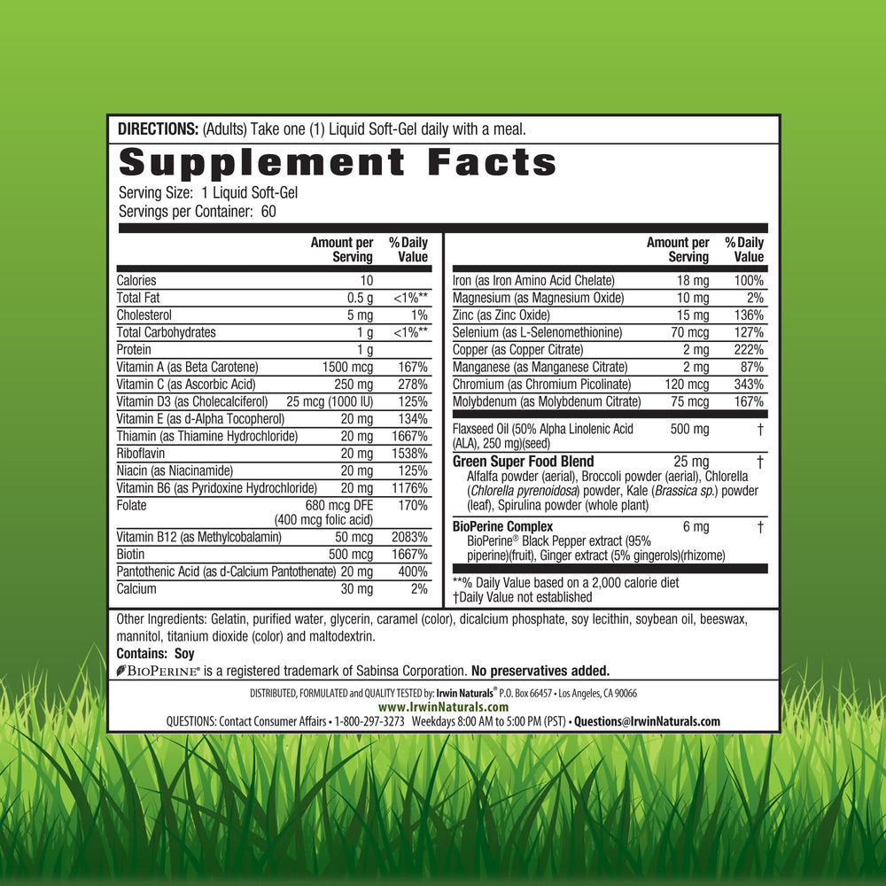 Irwin Naturals soft-gels close-up highlighting iron and omega-3 for daily support