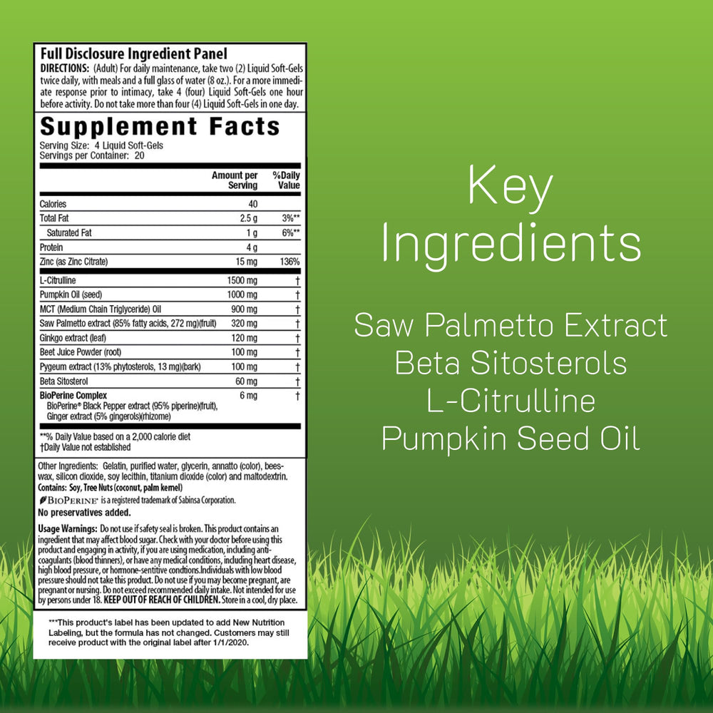 Close-up of Prosta-Strong RED bottle label highlighting Saw Palmetto content