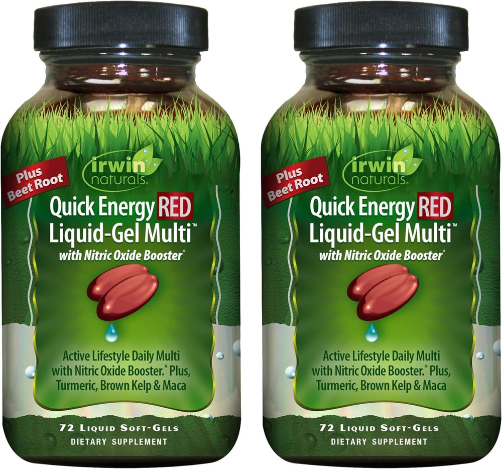 Irwin Naturals Quick Energy RED bottle closeup highlighting the liquid-gel multi for daily energy.