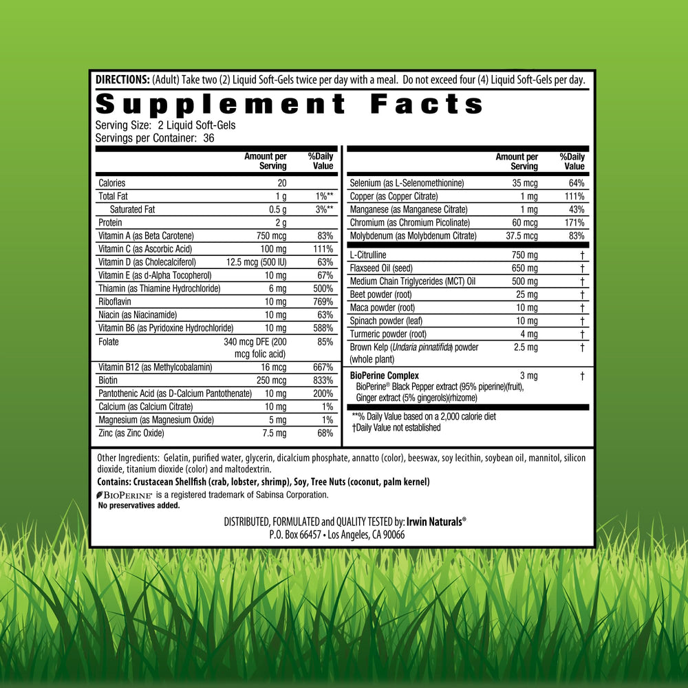 Irwin Naturals Quick Energy RED liquid-softgels pouring from bottle.