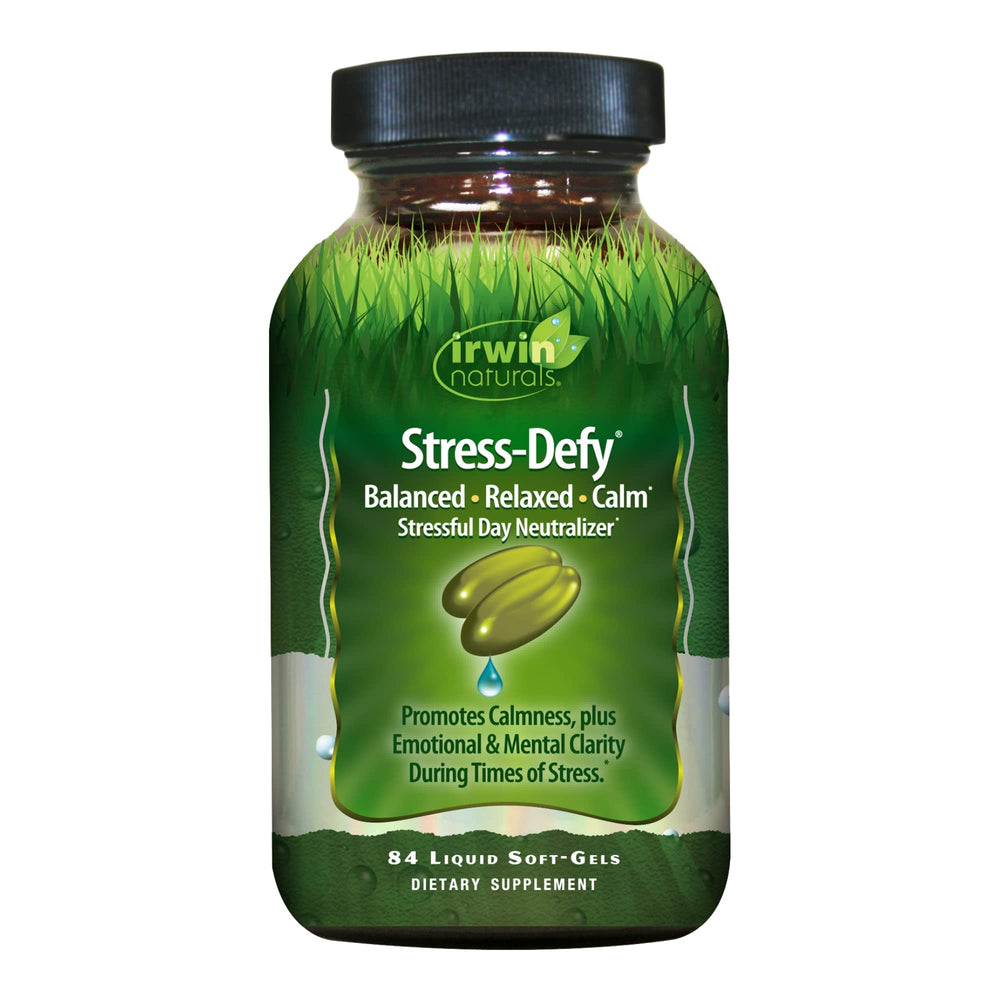 Irwin Naturals Stress-Defy bottle front showing mood support for busy days.