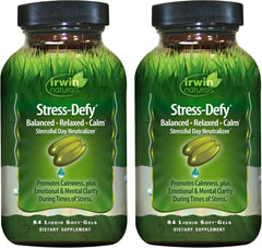 Irwin Naturals Stress-Defy bottle on shelf promotes calm and balance