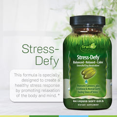 Irwin Naturals Stress-Defy bottle beside a notebook for daily use