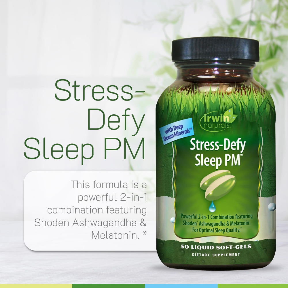 Pouring Irwin Naturals Stress-Defy Sleep PM softgel demonstrates quick release