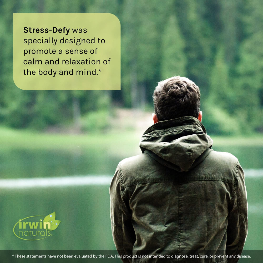 Irwin Naturals Stress-Defy soft gels close-up illustrating easy daily supplementation.