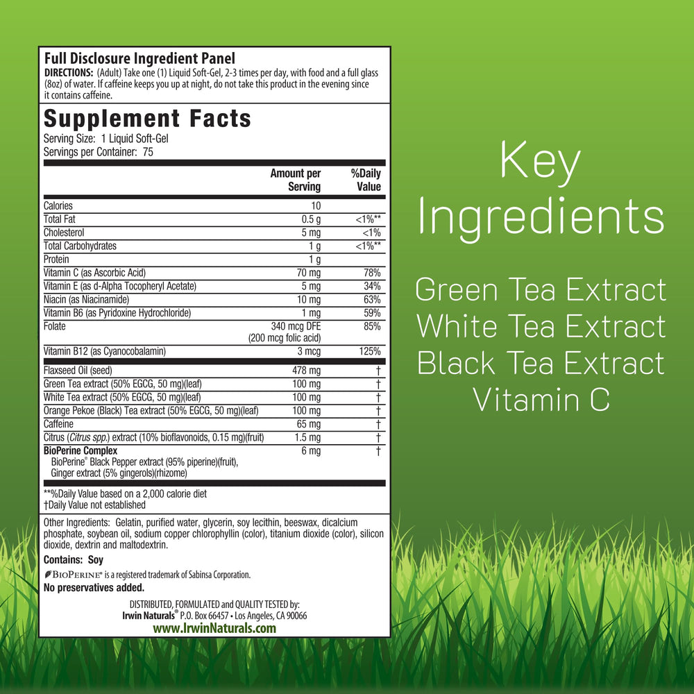 Irwin Naturals Triple-Tea Fat Burner label highlights the tea blend and ingredients