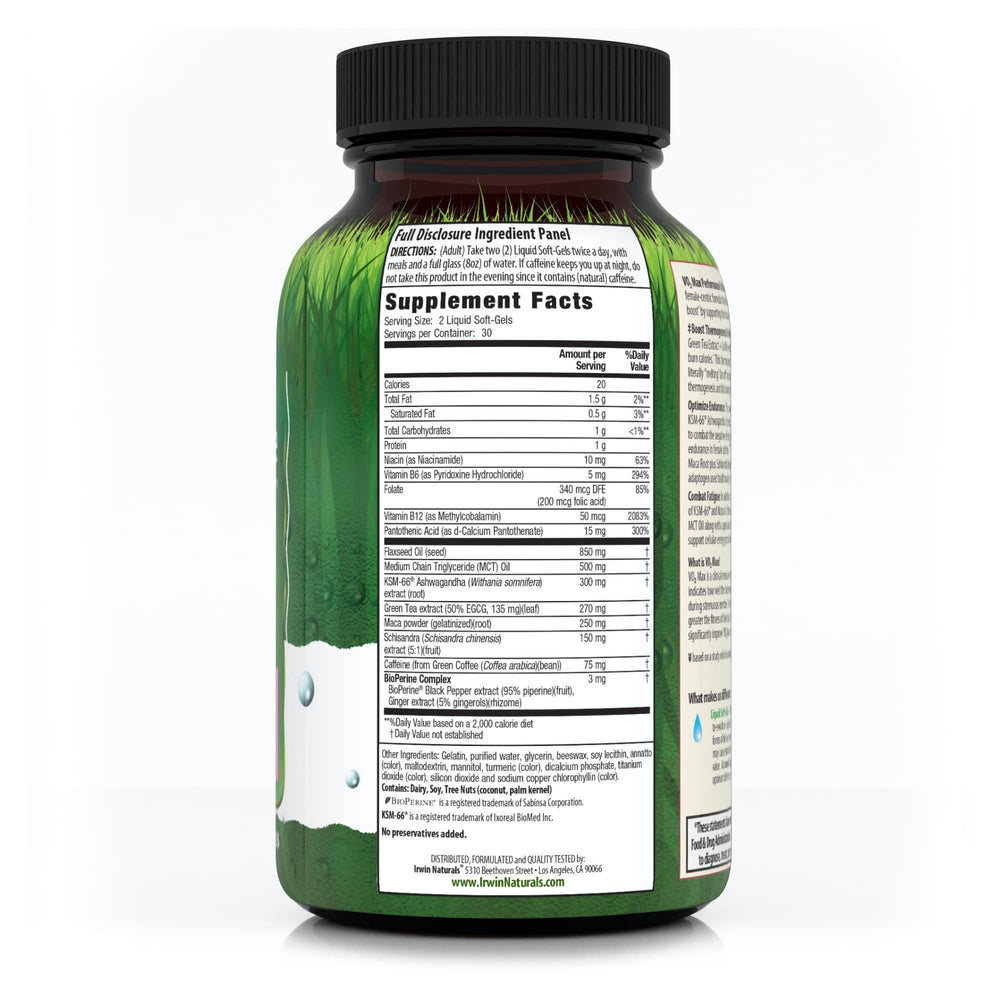 Irwin Naturals V02 Max softgels close-up; transparent capsules for easy dosing.