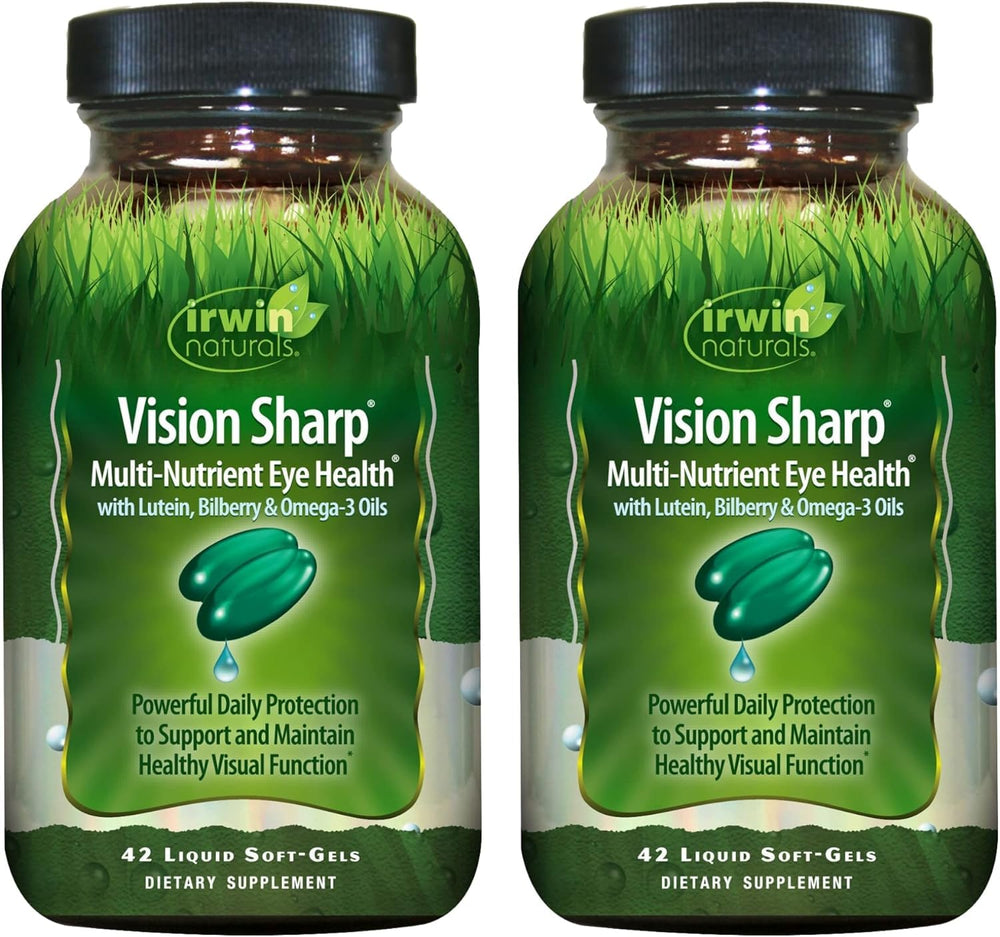 Irwin Naturals Vision Sharp bottle showing eye health multi-nutrient formula for daily support
