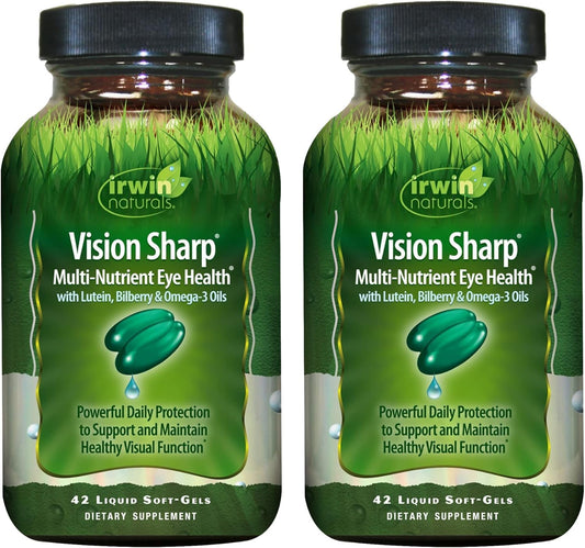 Irwin Naturals Vision Sharp bottle showing eye health multi-nutrient formula for daily support