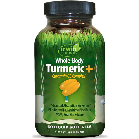 Irwin Naturals Whole-Body Turmeric bottle close-up highlighting convenient daily soft-gels.