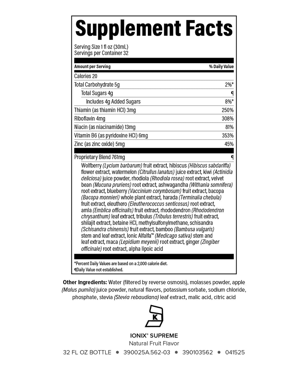 Isagenix Ionix Supreme bottle back showing usage and key stress-support benefits