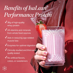 Isagenix IsaLean shake poured into glass to illustrate Strawberry Cream flavor