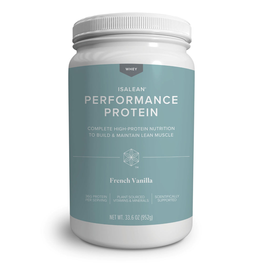 Isagenix IsaLean Performance Protein Shake vanilla canister with creamy, high-protein meal replacement