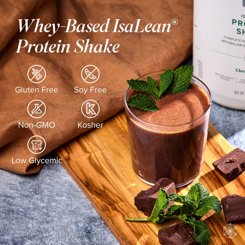 Isagenix IsaLean Shake powder being poured to highlight digestion enzymes