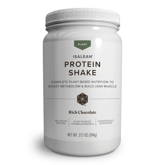 Isagenix Plant-Based IsaLean Protein Shake bottle highlighting vegan protein and a clean label
