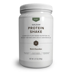 Isagenix Plant-Based IsaLean Protein Shake bottle highlighting vegan protein and a clean label